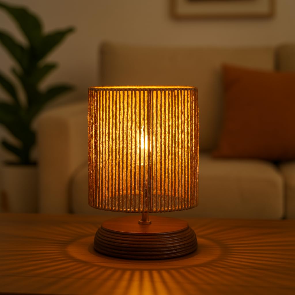 Wood Boho Raffia Incandescent Table Lamp