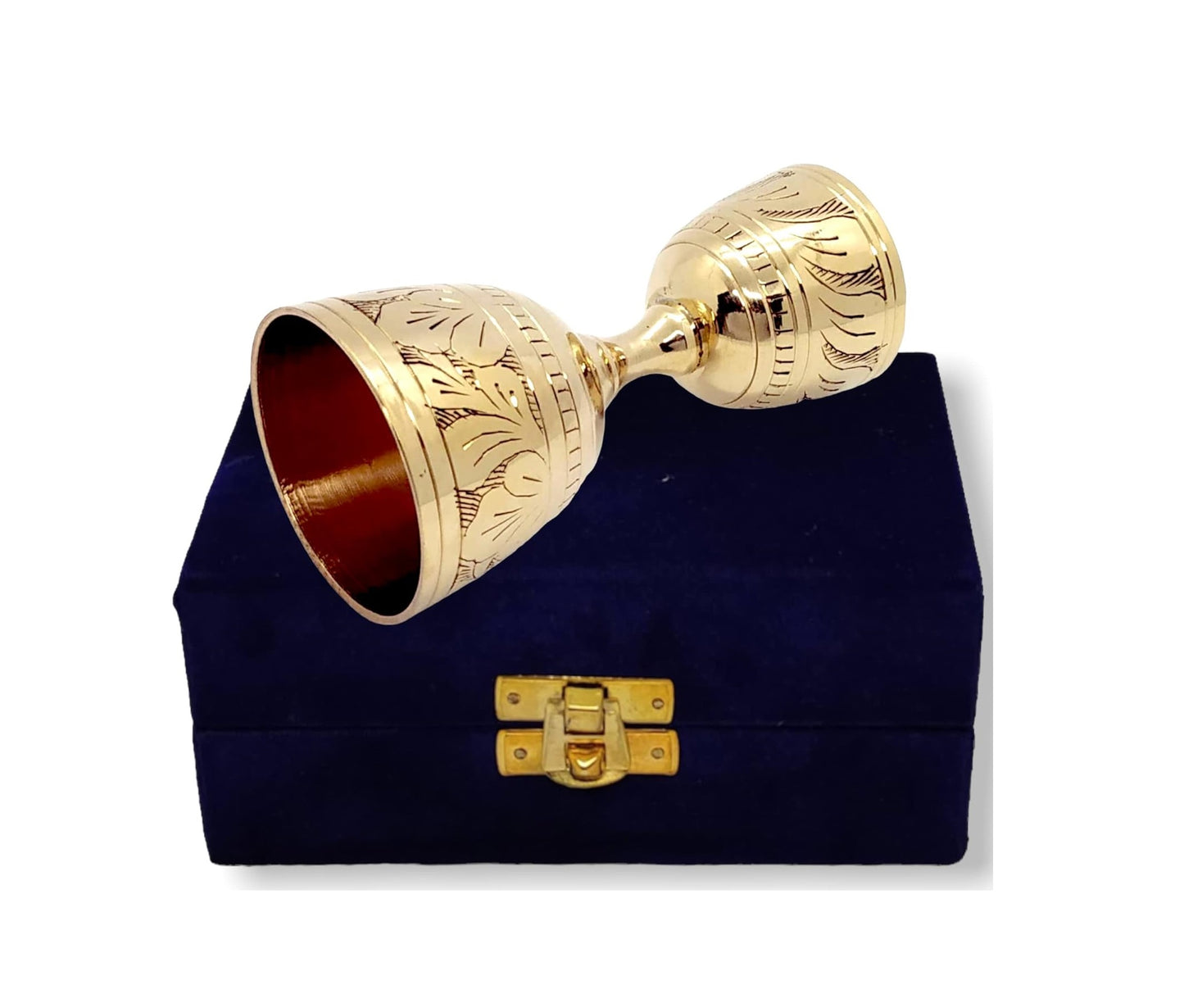 Brass Engraved Peg Measure Cup with Decorative Box, 30 ml / 60 ml, Golden
