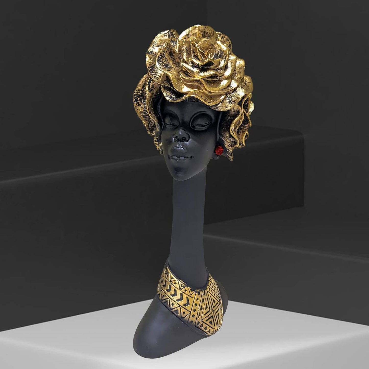 DEEPGLASS Resin African Flower Lady Showpiece 13 X 10 X 25 Cm (Black & Golden)