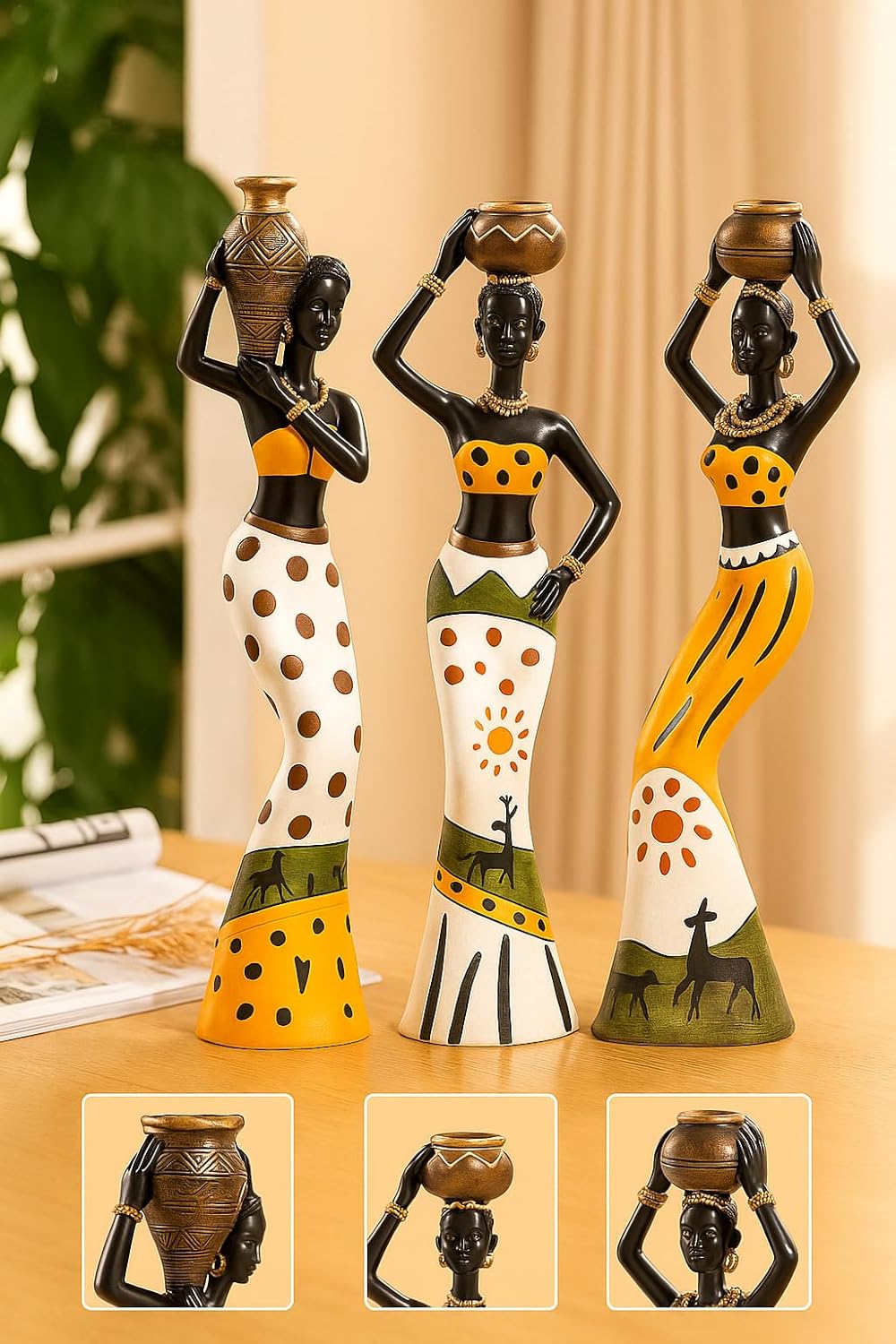 Beautiful Finish Uniquely Hand Crafted Home Dcor African Tribal Women Art Piece - (Set of 3, Multicolour), ResinVVVVVVV