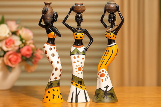 Beautiful Finish Uniquely Hand Crafted Home Dcor African Tribal Women Art Piece - (Set of 3, Multicolour), ResinVVVVVVV