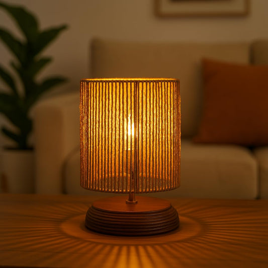 Wood Boho Raffia Incandescent Table Lamp