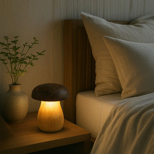 Handcrafted Wooden Mushroom Lamp – Whimsical Glow, Natural Charm